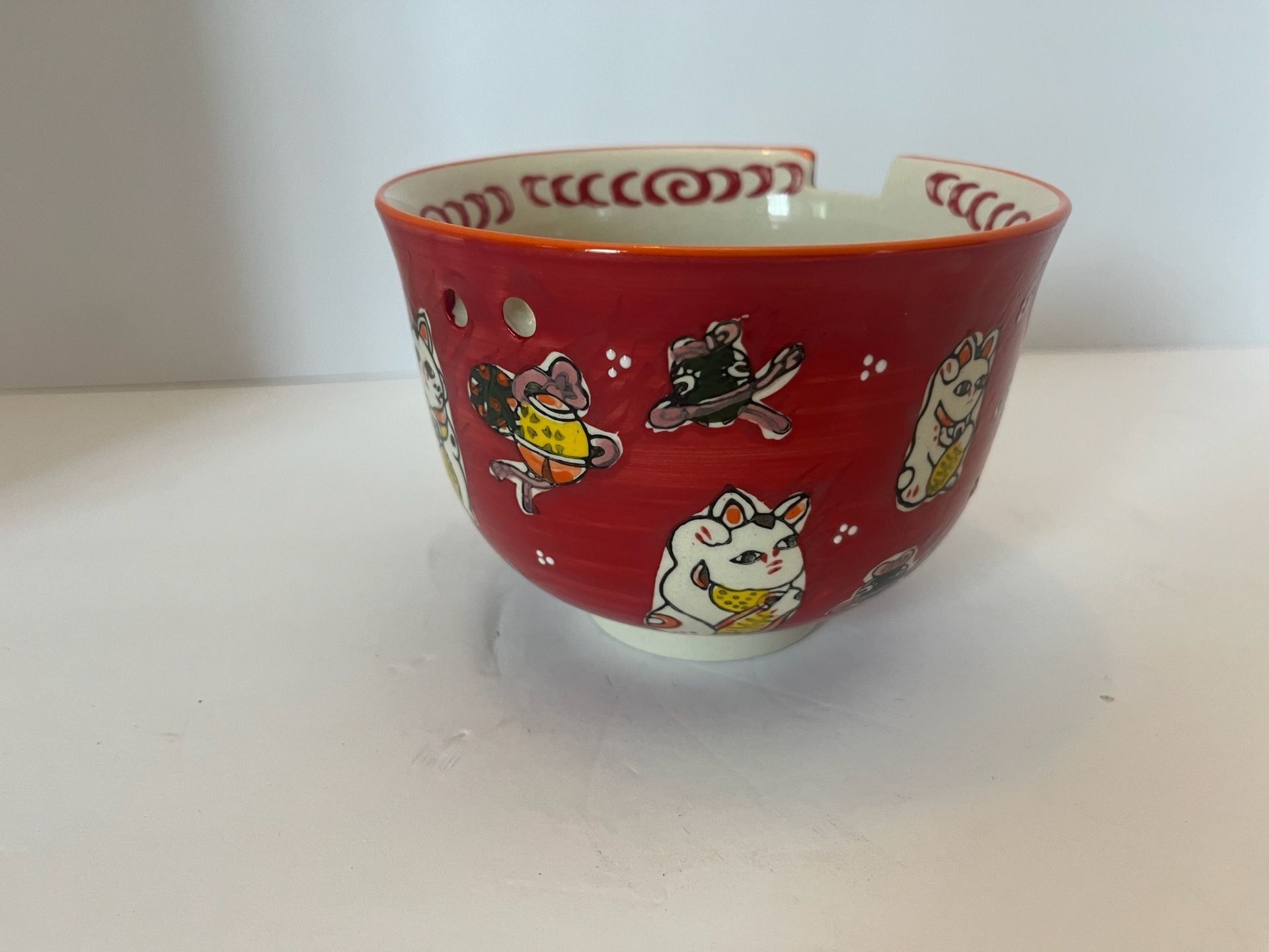 Lucky Cat Japanese Maneki Neko Red Porcelain Ramen Soup Bowl With Chop– , 1