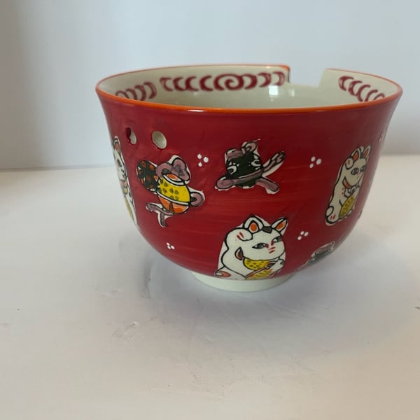 Lucky Cat Japanese Maneki Neko Red Porcelain Ramen Soup Bowl With Chop– ,