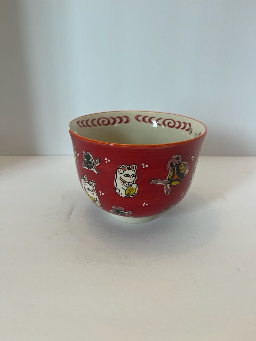 Lucky Cat Japanese Maneki Neko Red Porcelain Ramen Soup Bowl With Chop– , 3
