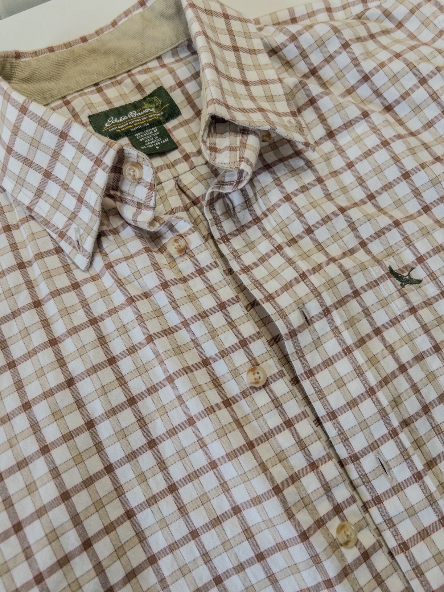 Eddie Bauer Men's Long Sleeve Tattersall Cotton Button Down Shirt with Bird Embroidery 10