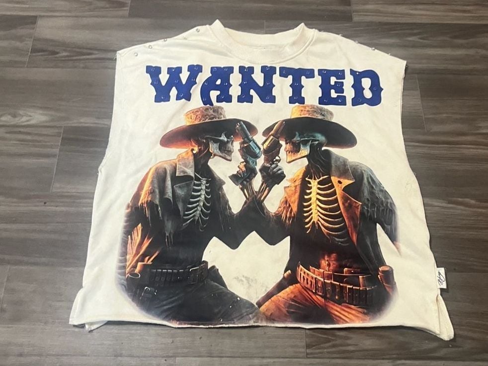 white + blue graphic tee with skeleton design #skater #goth 3