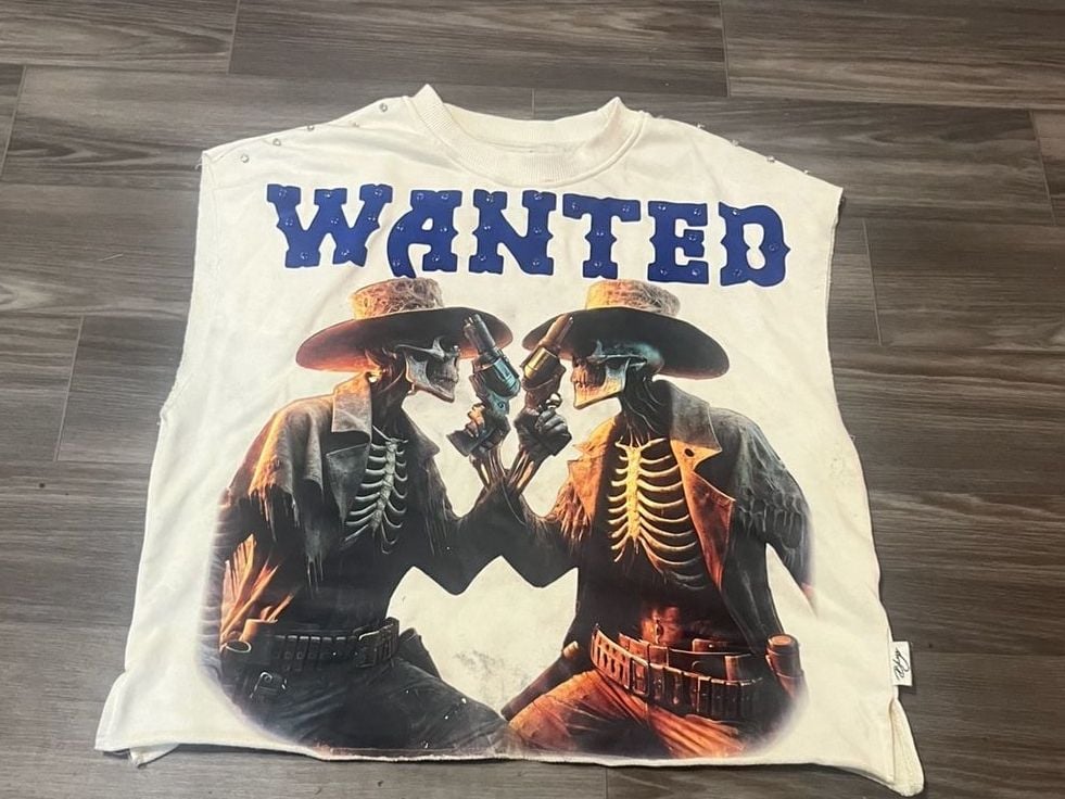 white + blue graphic tee with skeleton design #skater #goth 4