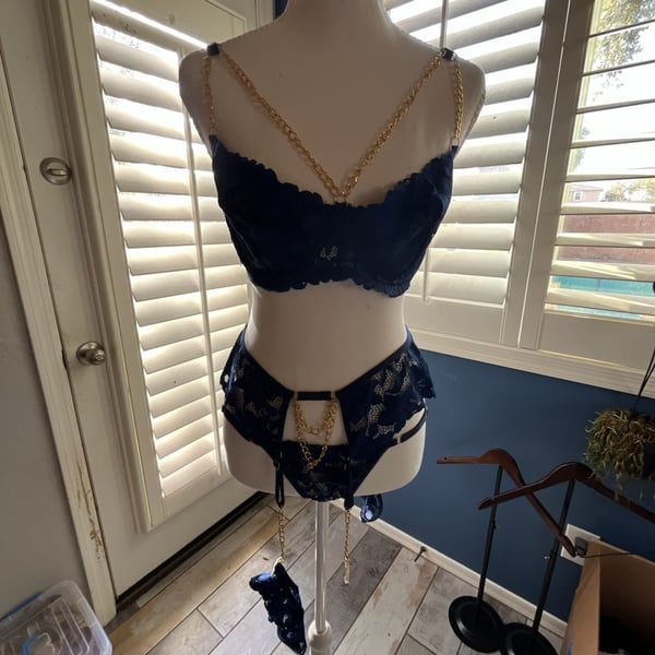 Navy Blue Lace Lingerie Set with Gold Chain Detail