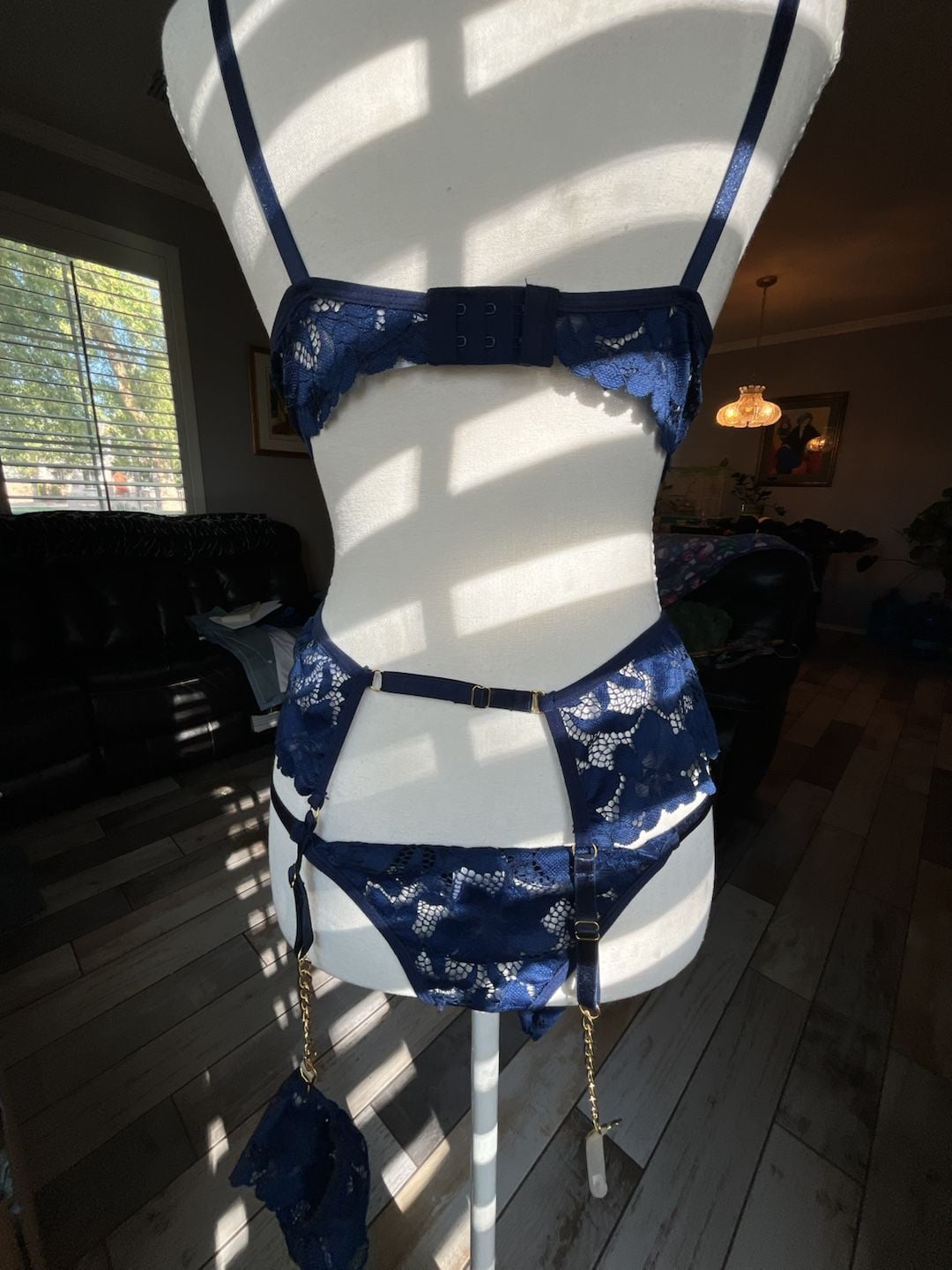 Navy Blue Lace Lingerie Set with Gold Chain Detail 6