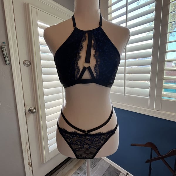 Black and Blue Lace Strappy Lingerie Set