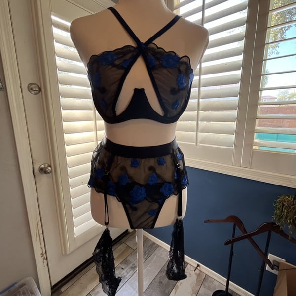 Floral Embroidery Mesh Lingerie Set with Bra, Garter Belt, and Thong