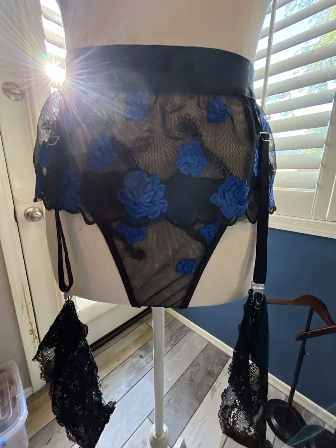 Floral Embroidery Mesh Lingerie Set with Bra, Garter Belt, and Thong 5
