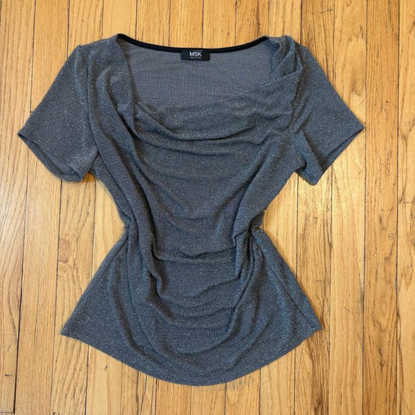 MSK Petite Silver Shimmer Metallic Cowl Neck Short Sleeve Blouse