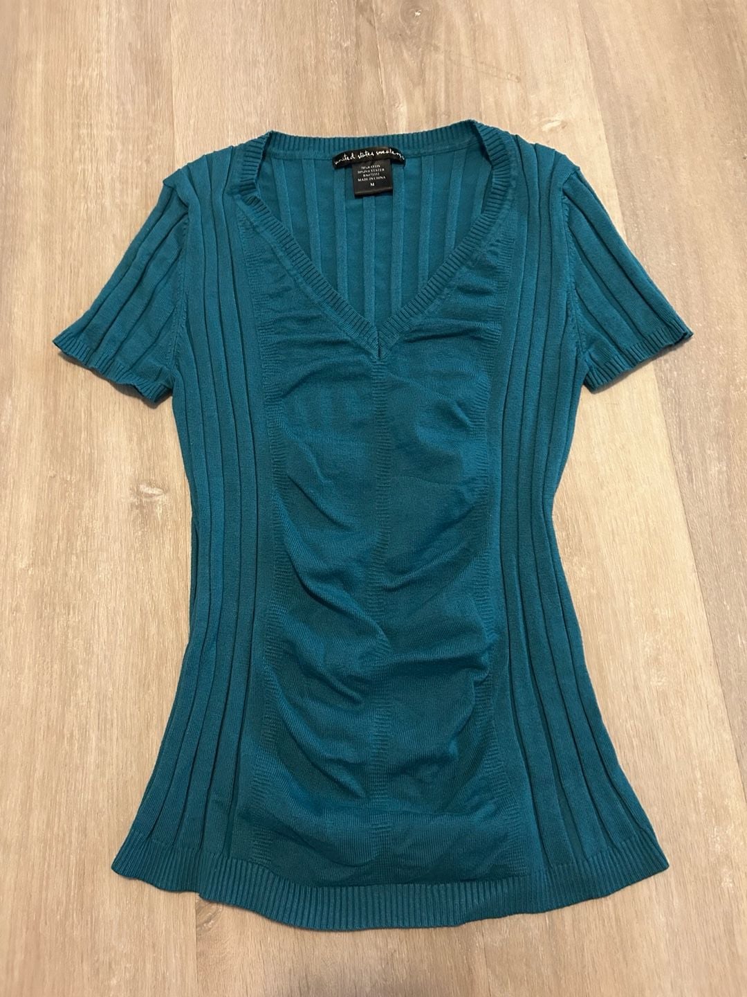 United States Sweaters Teal Ribbed V-Neck Short Sleeve Ruched Fitted Knit Top 2