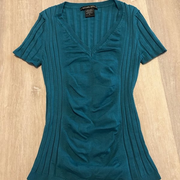 United States Sweaters Teal Ribbed V-Neck Short Sleeve Ruched Fitted Knit Top