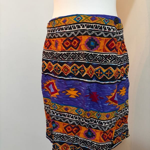 Vintage CLIO Tribal Print 100% Rayon Southwest Pattern Skirt Size 8