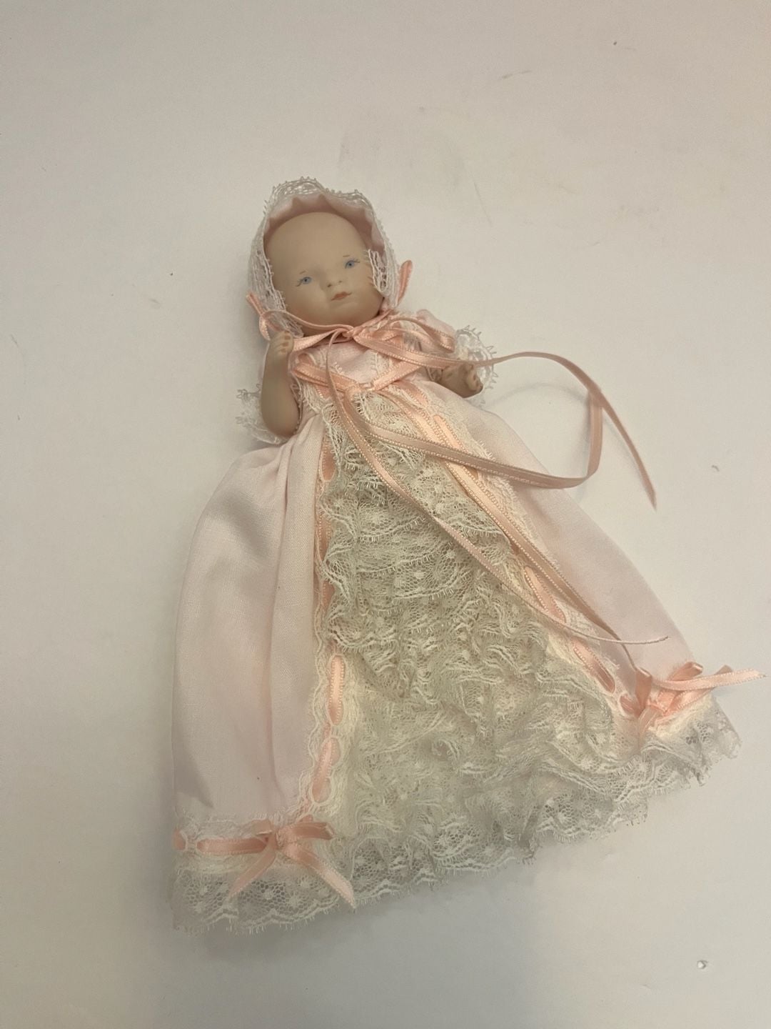 Phyllis Atkins 1988 Miniature Bisque Porcelain Baby Doll in Pink Lace Gown 1