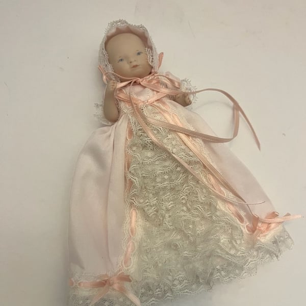 Phyllis Atkins 1988 Miniature Bisque Porcelain Baby Doll in Pink Lace Gown