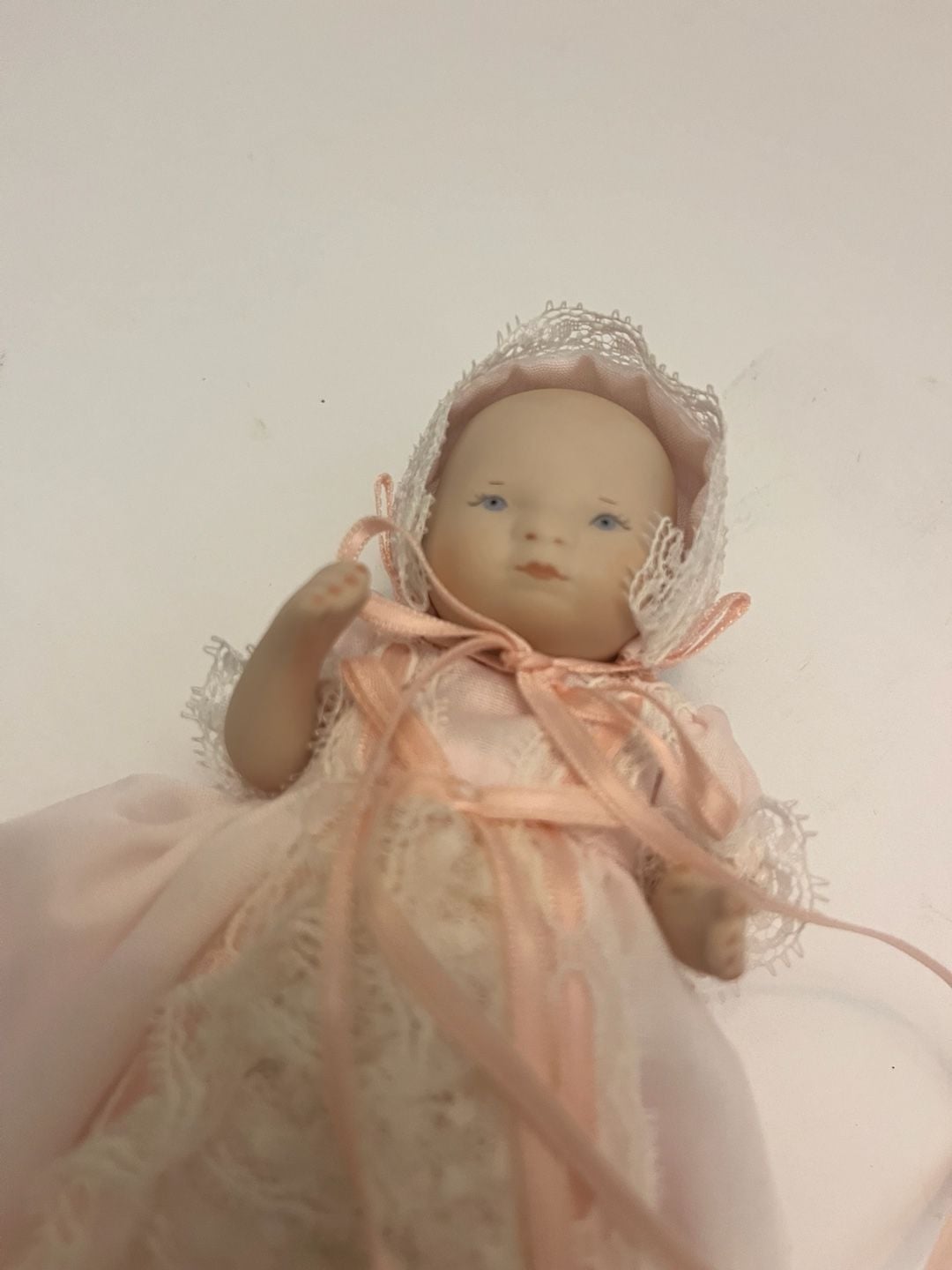 Phyllis Atkins 1988 Miniature Bisque Porcelain Baby Doll in Pink Lace Gown 2