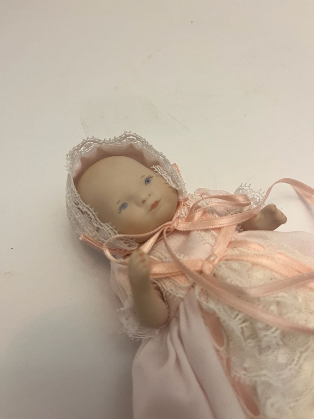 Phyllis Atkins 1988 Miniature Bisque Porcelain Baby Doll in Pink Lace Gown 3