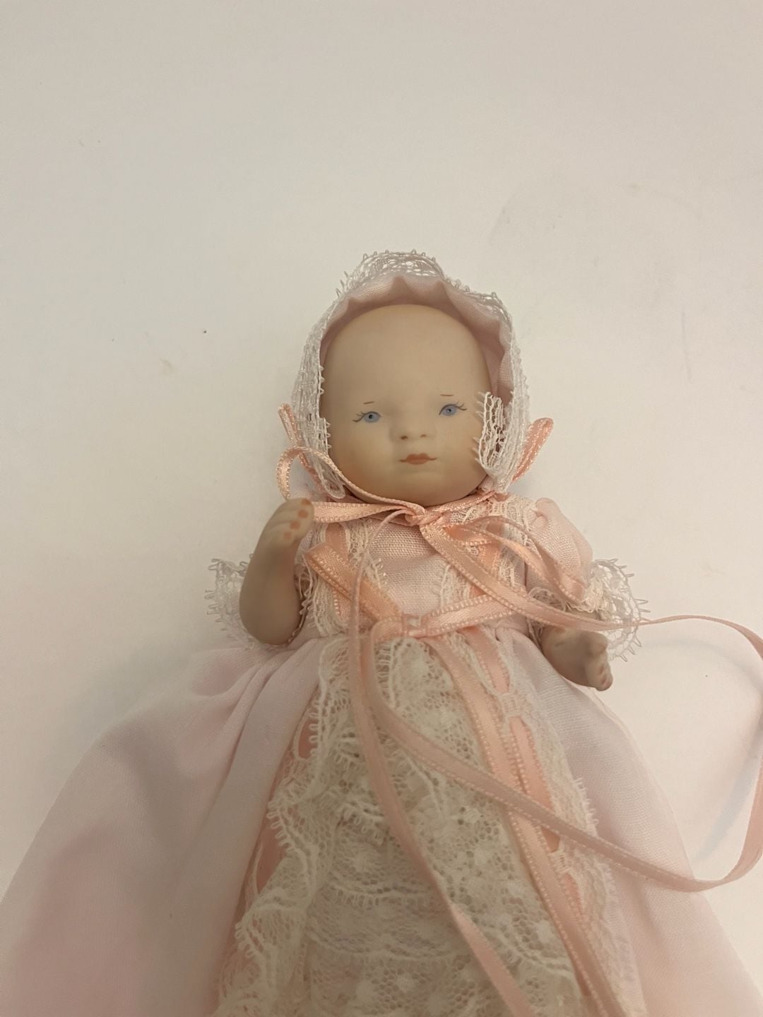 Phyllis Atkins 1988 Miniature Bisque Porcelain Baby Doll in Pink Lace Gown 4