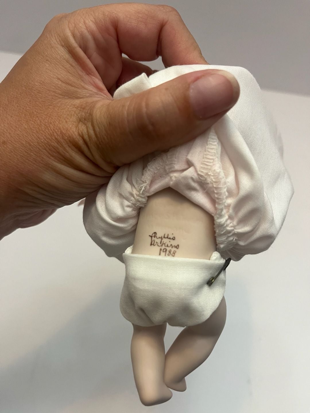Phyllis Atkins 1988 Miniature Bisque Porcelain Baby Doll in Pink Lace Gown 6