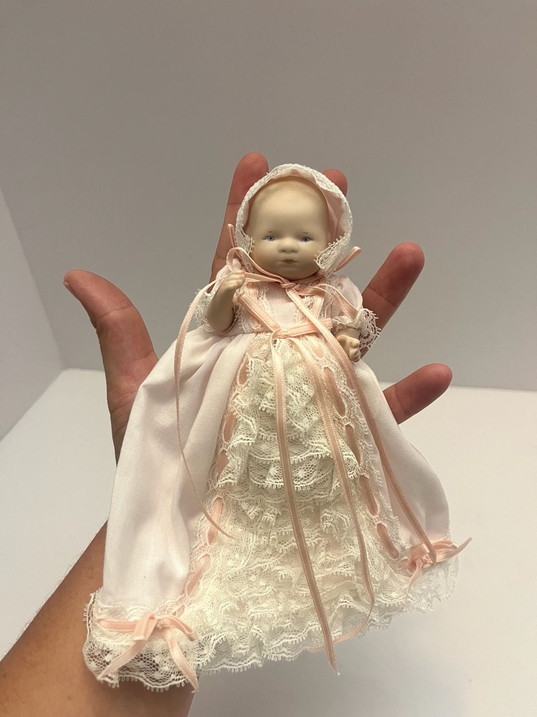 Phyllis Atkins 1988 Miniature Bisque Porcelain Baby Doll in Pink Lace Gown 8