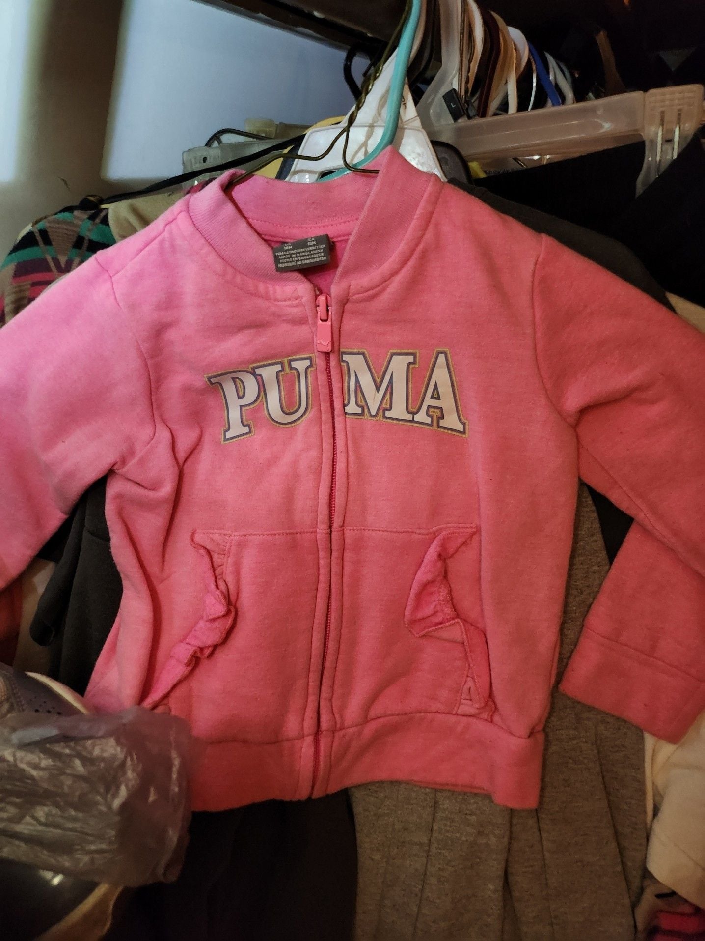 Puma Toddler Girls Pink Full-Zip Fleece Jacket with Ruffle Pockets, Size 18M 1