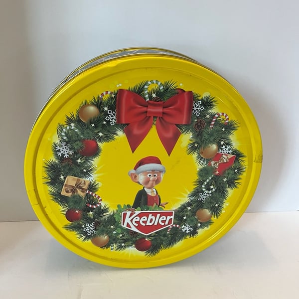 Keebler Holiday Cookie Tin Round Metal Container with Elf Graphic