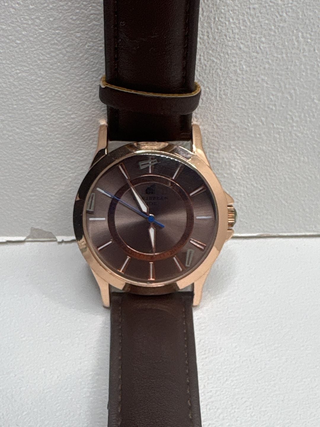 Caribbean Joe Men's Rose Gold Tone Analog Watch with Brown Leather Strap 1