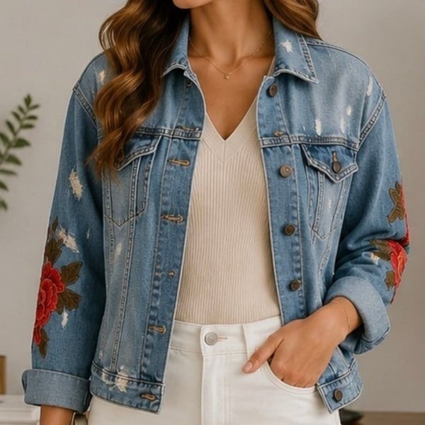 Express Jeans Floral Embroidered Distressed Denim Jacket