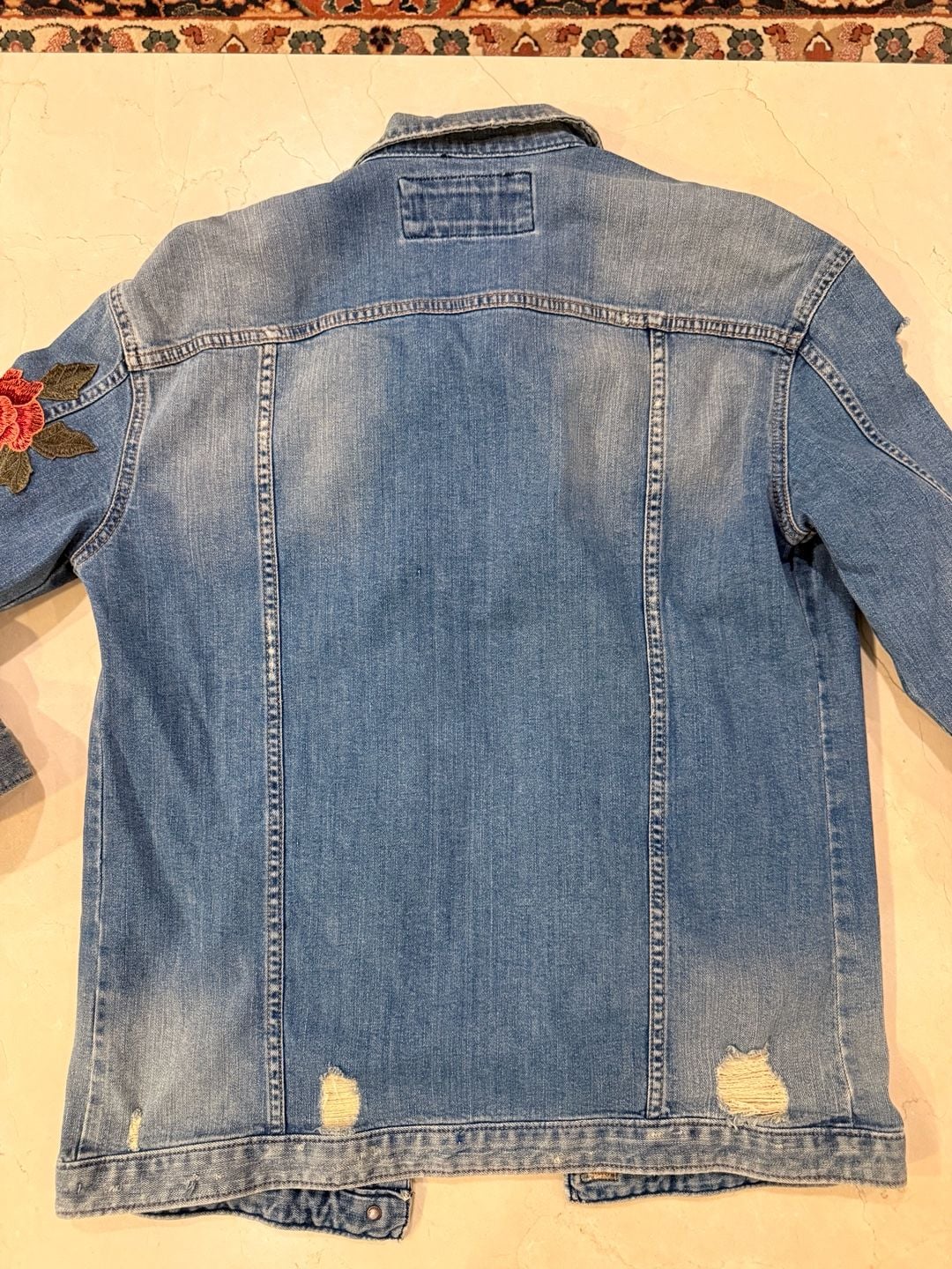 Express Jeans Floral Embroidered Distressed Denim Jacket 9