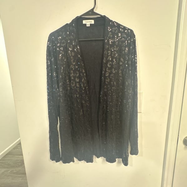 Calvin Klein Women's Black Sequin Leopard Print Open-Front Cardigan Duster
