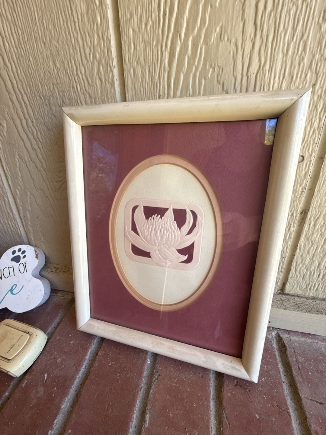 Vintage Framed Relief Art Piece with Lotus/Floral Motif 1