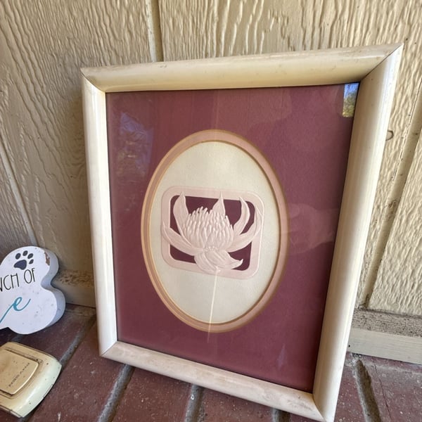 Vintage Framed Relief Art Piece with Lotus/Floral Motif