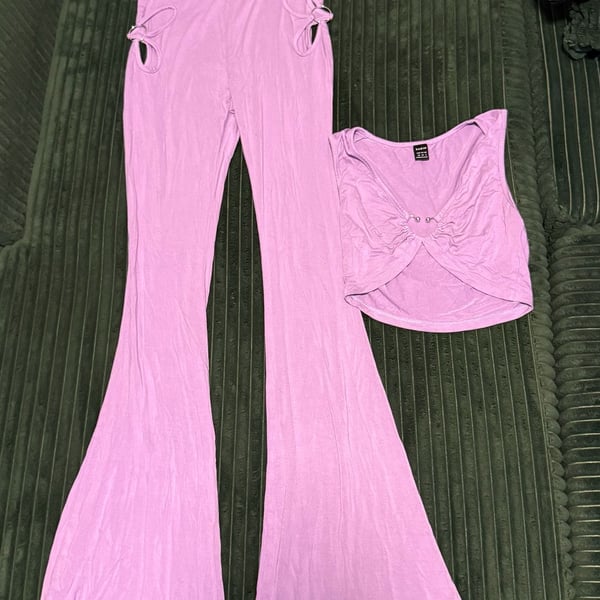 SHEIN Cutout Detail Crop Top and Flare Pants Two-Piece Set