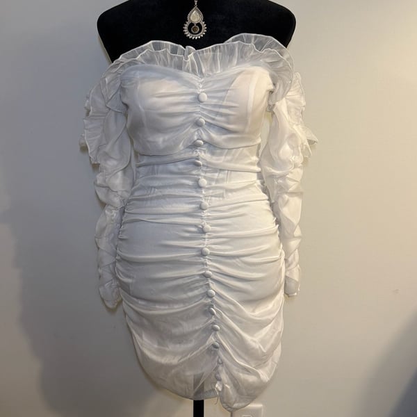 White Off-Shoulder Ruched Mini Dress with Ruffle Sleeves and Decorative Buttons