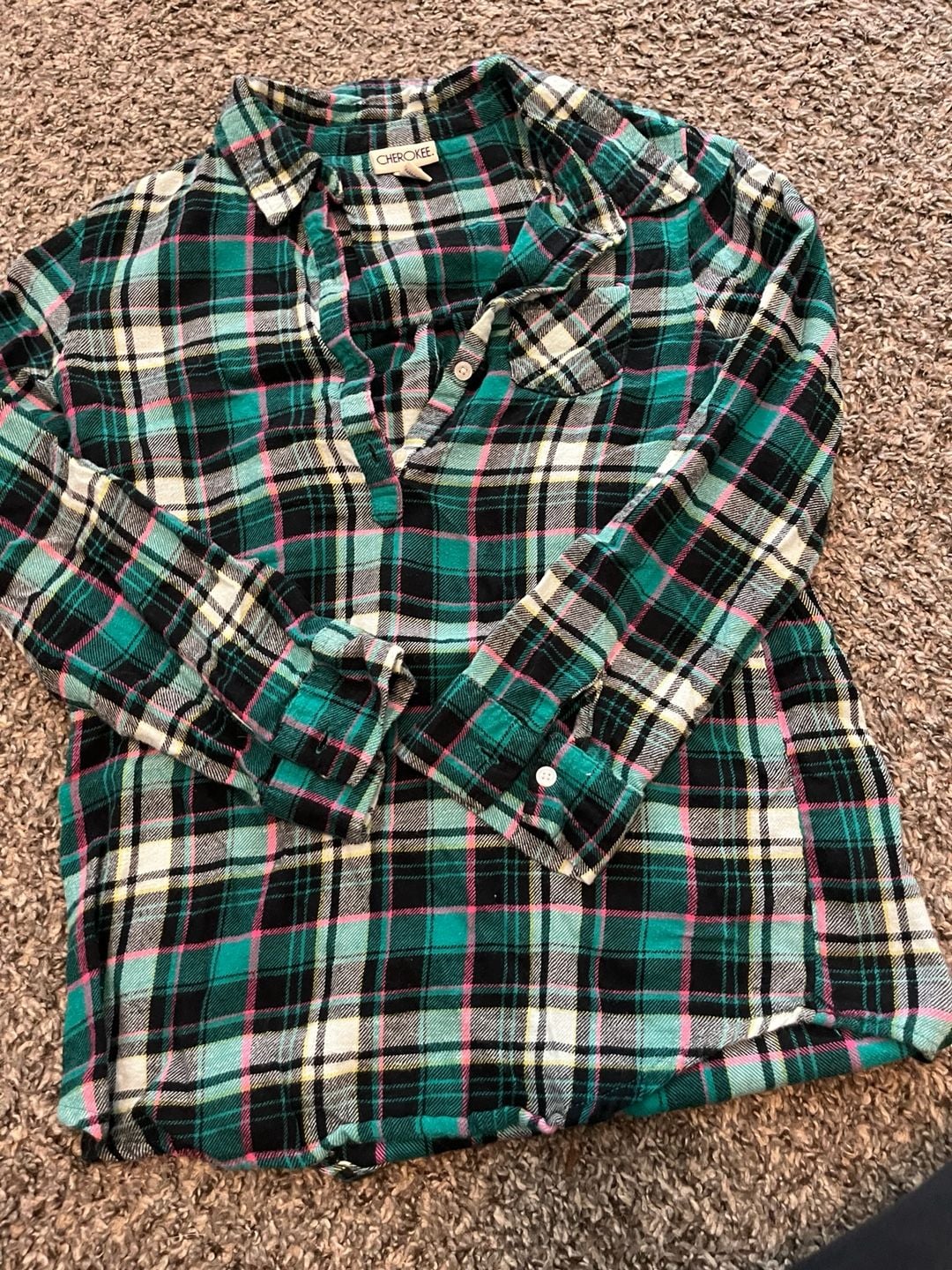 Cherokee Girls Green Plaid Flannel Button Down Shirt Size L/G (10/12) 2