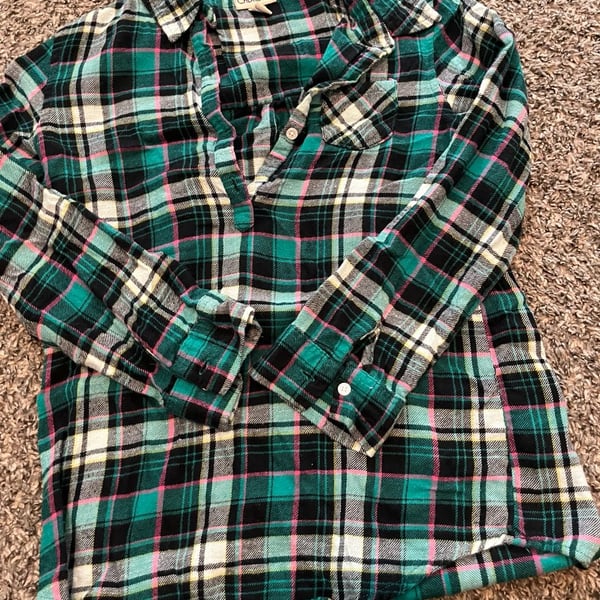 Cherokee Girls Green Plaid Flannel Button Down Shirt Size L/G (10/12)