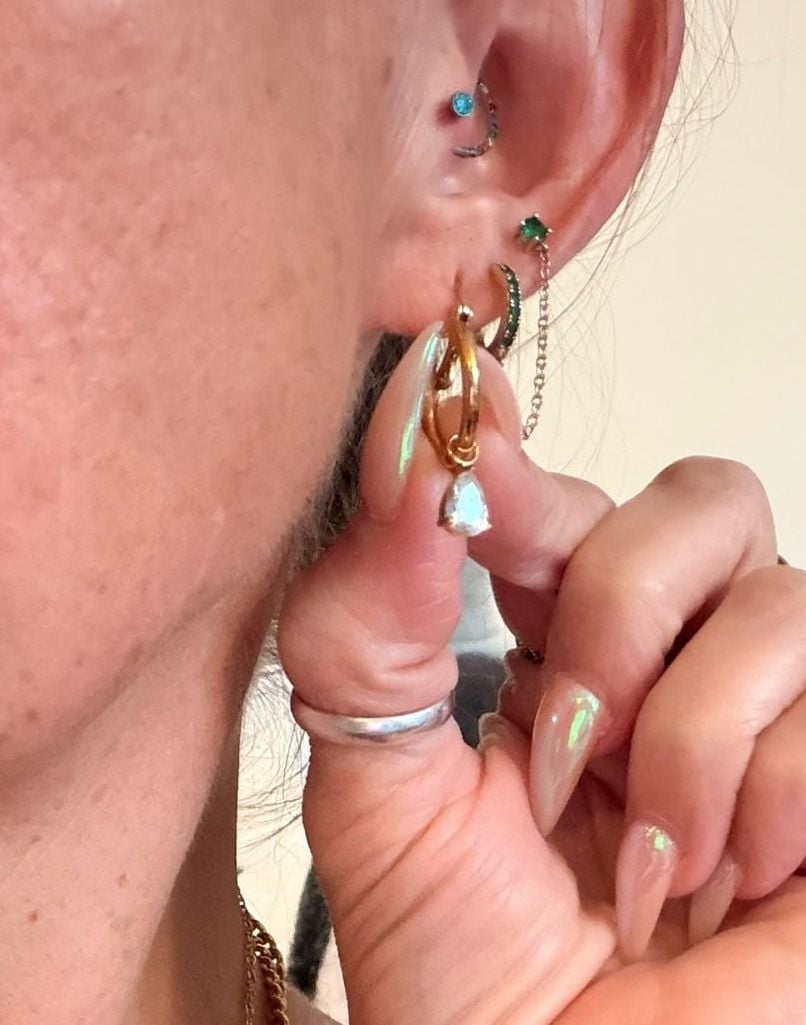 Gold Tone Emerald-Cut Crystal Pendant Necklace and Teardrop Hoop Earrings Set 7