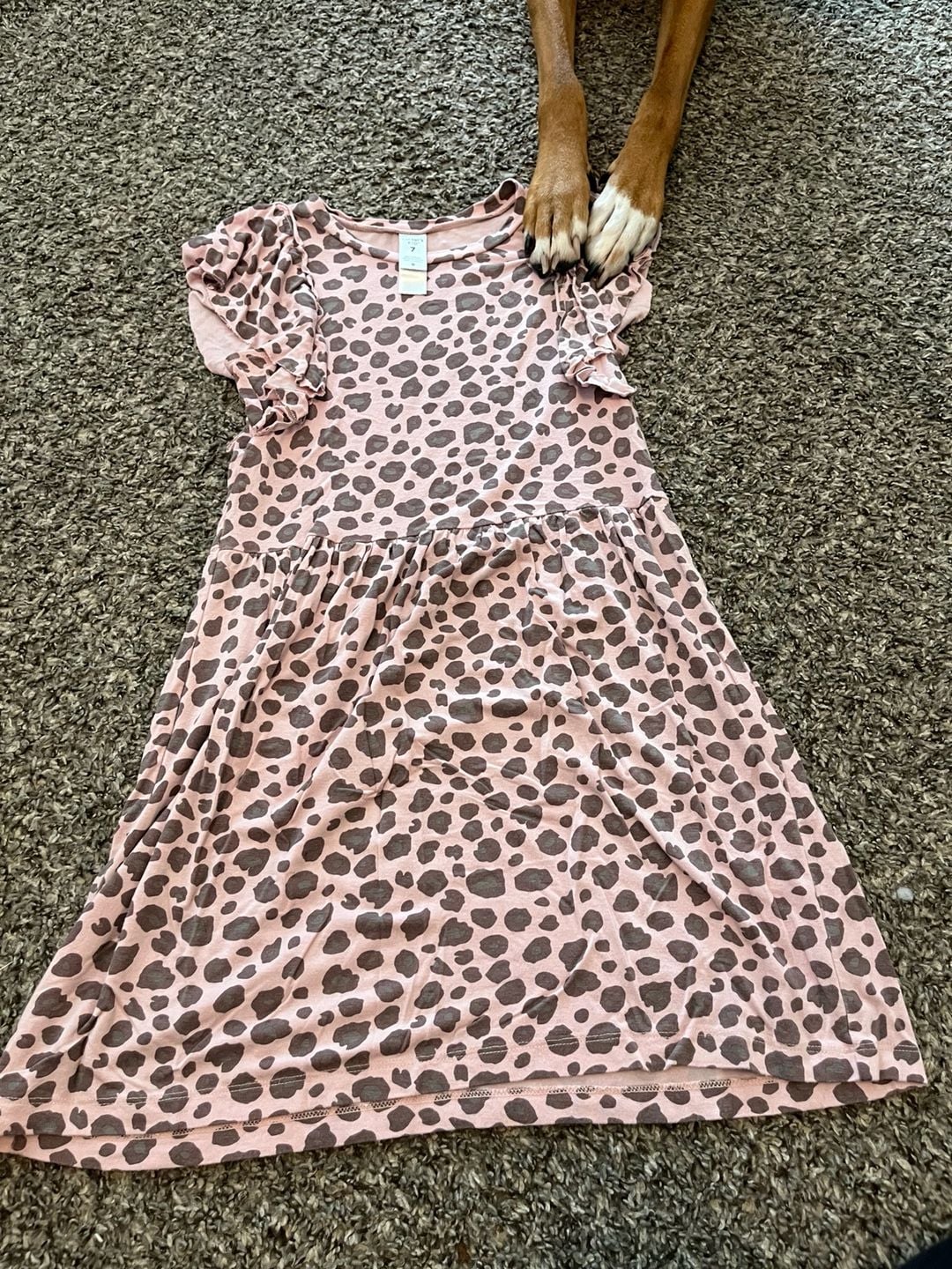 Carter's Kid Girls Pink and Brown Leopard Print Ruffle Sleeve A-Line Dress Size 7 1