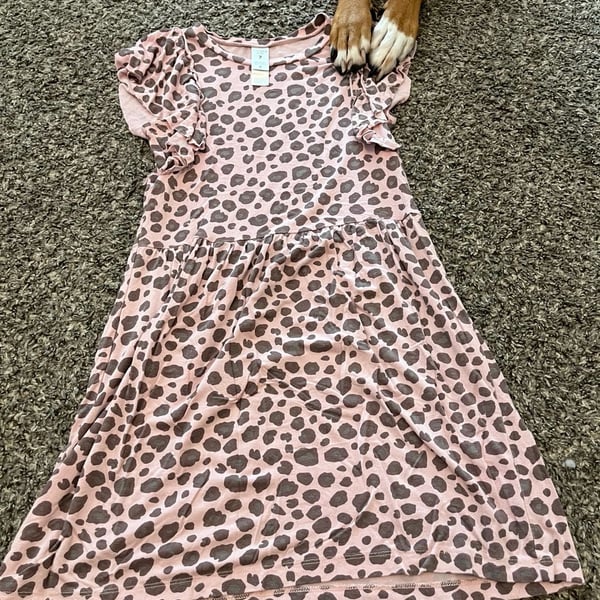 Carter's Kid Girls Pink and Brown Leopard Print Ruffle Sleeve A-Line Dress Size 7