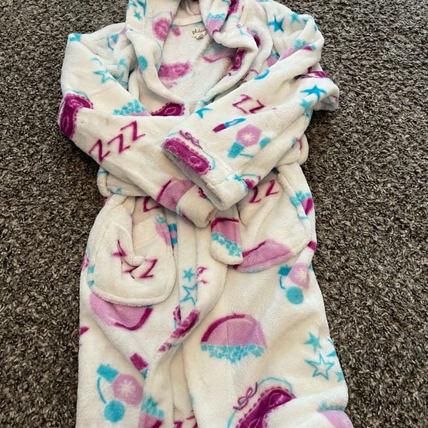 pl sleep Girls Hooded Plush Fleece Bathrobe White with Sleep Theme Print Size 8