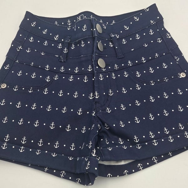 No Boundaries (NoBo) Navy Blue Anchor Print Mid-Rise Sailor Denim Shorts