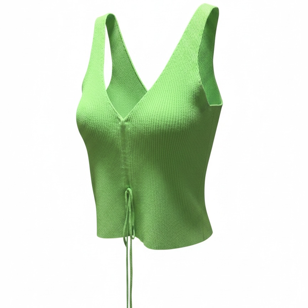 Cotton Emporium V-Neck Ribbed Knit Tank Top with Tie Front Detail