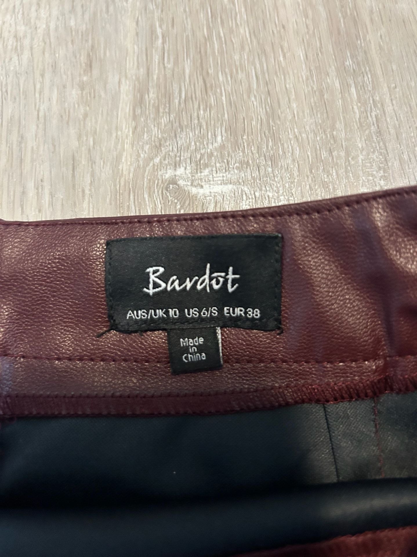 Bardot Burgundy Faux Leather Mini Skirt with Back Zipper 3