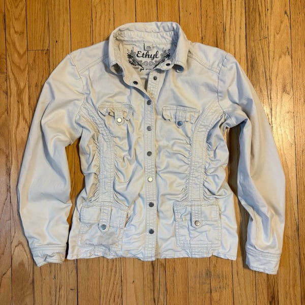 Ethyl Vintage Denim Women's Cream Utility Jacket with Ruffle Detail