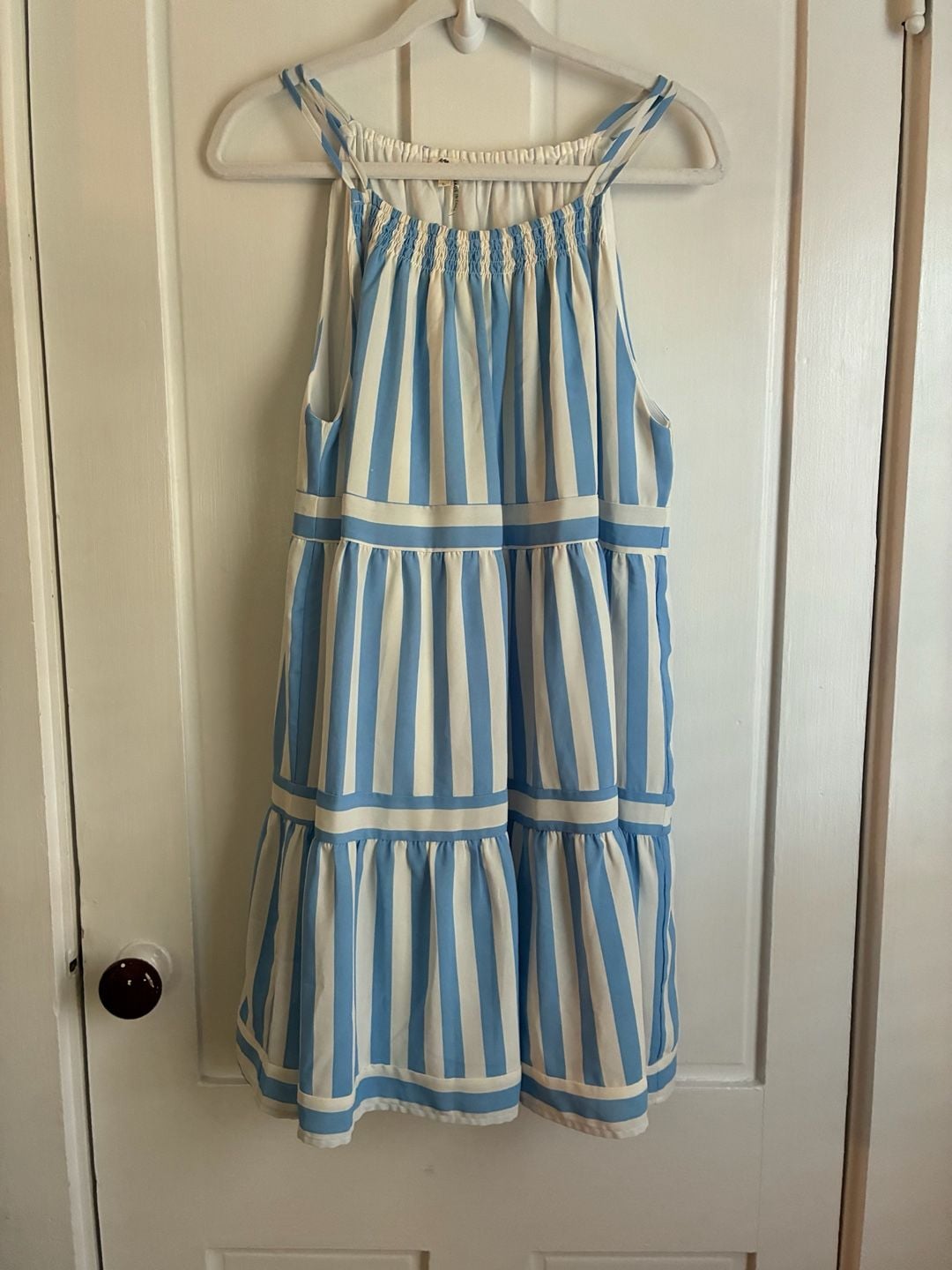 Entro Blue and White Striped Sleeveless Tiered Midi Dress 2