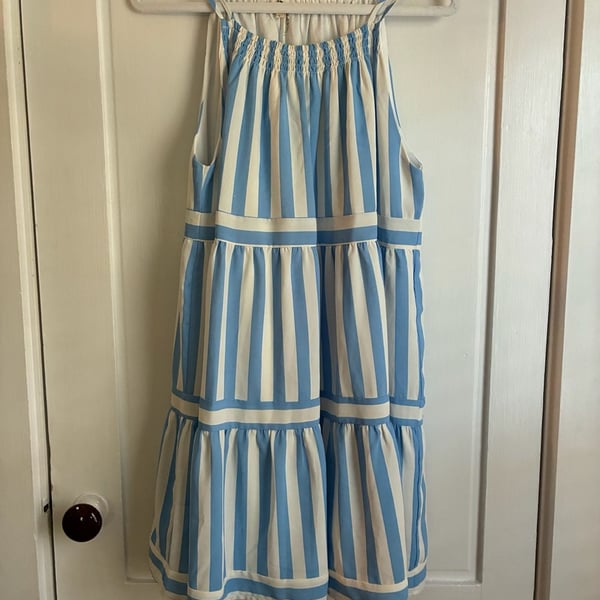 Entro Blue and White Striped Sleeveless Tiered Midi Dress