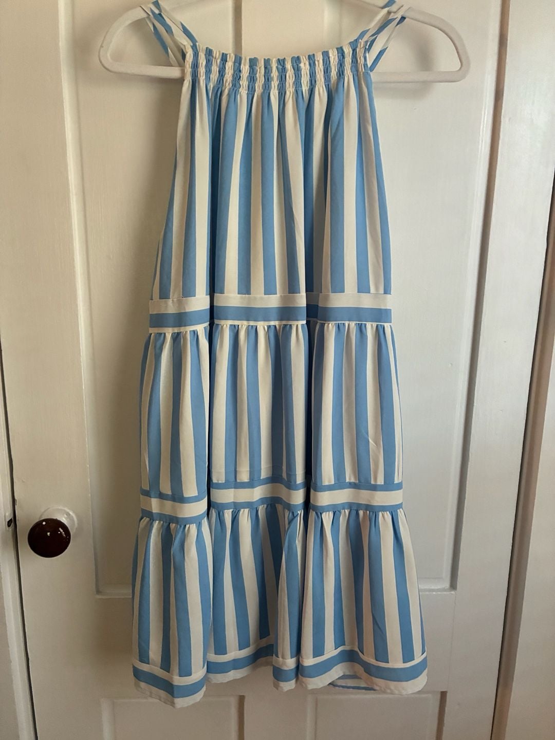 Entro Blue and White Striped Sleeveless Tiered Midi Dress 3