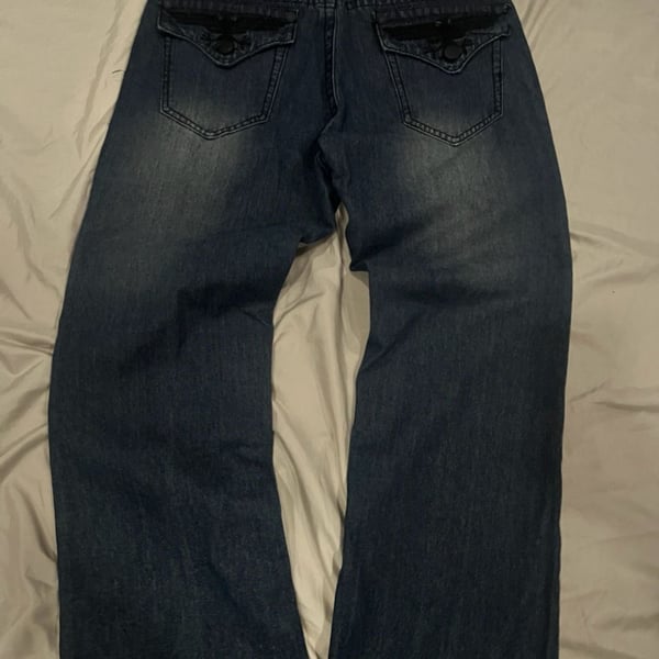 Xtreme Couture Men's Dark Wash Straight Leg Jeans with Embroidered Eagle Flap Pockets W36 L32