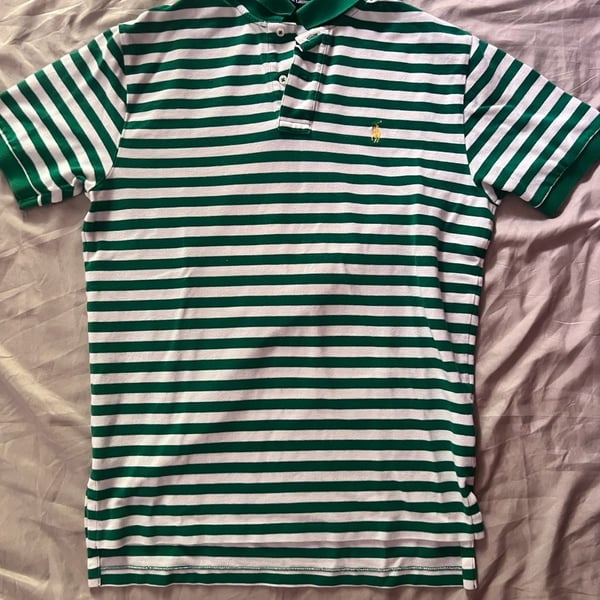Polo Ralph Lauren Men's Green and White Striped Cotton Polo Shirt