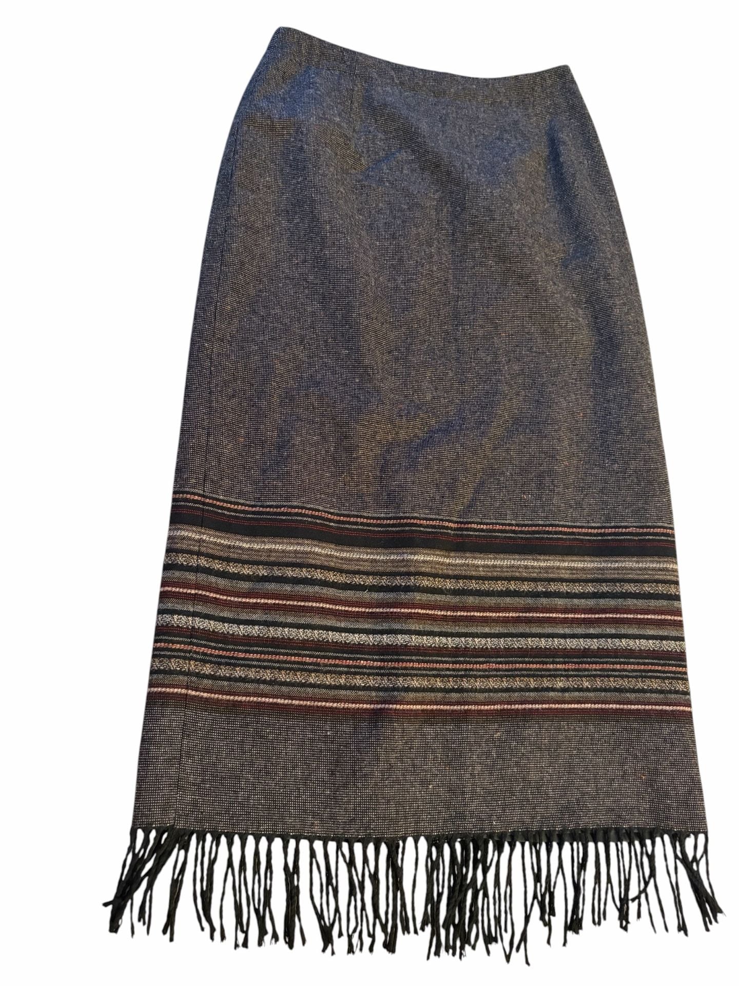 Vtg 90s CC Hughes Wool Blend Midi Skirt Sz 8 Boho Striped Fringe 3
