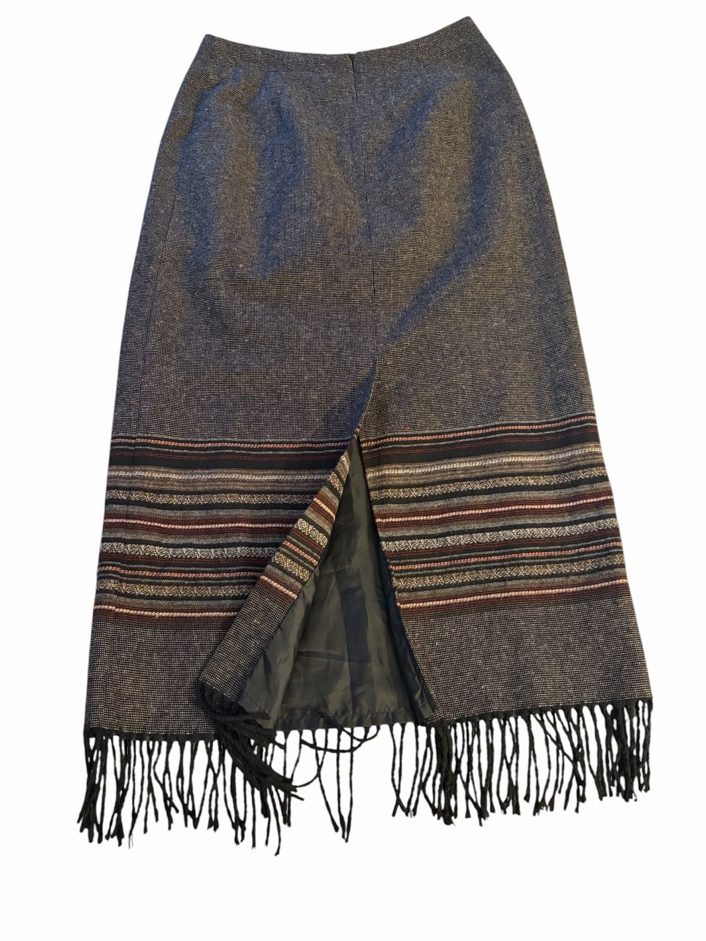 Vtg 90s CC Hughes Wool Blend Midi Skirt Sz 8 Boho Striped Fringe 5