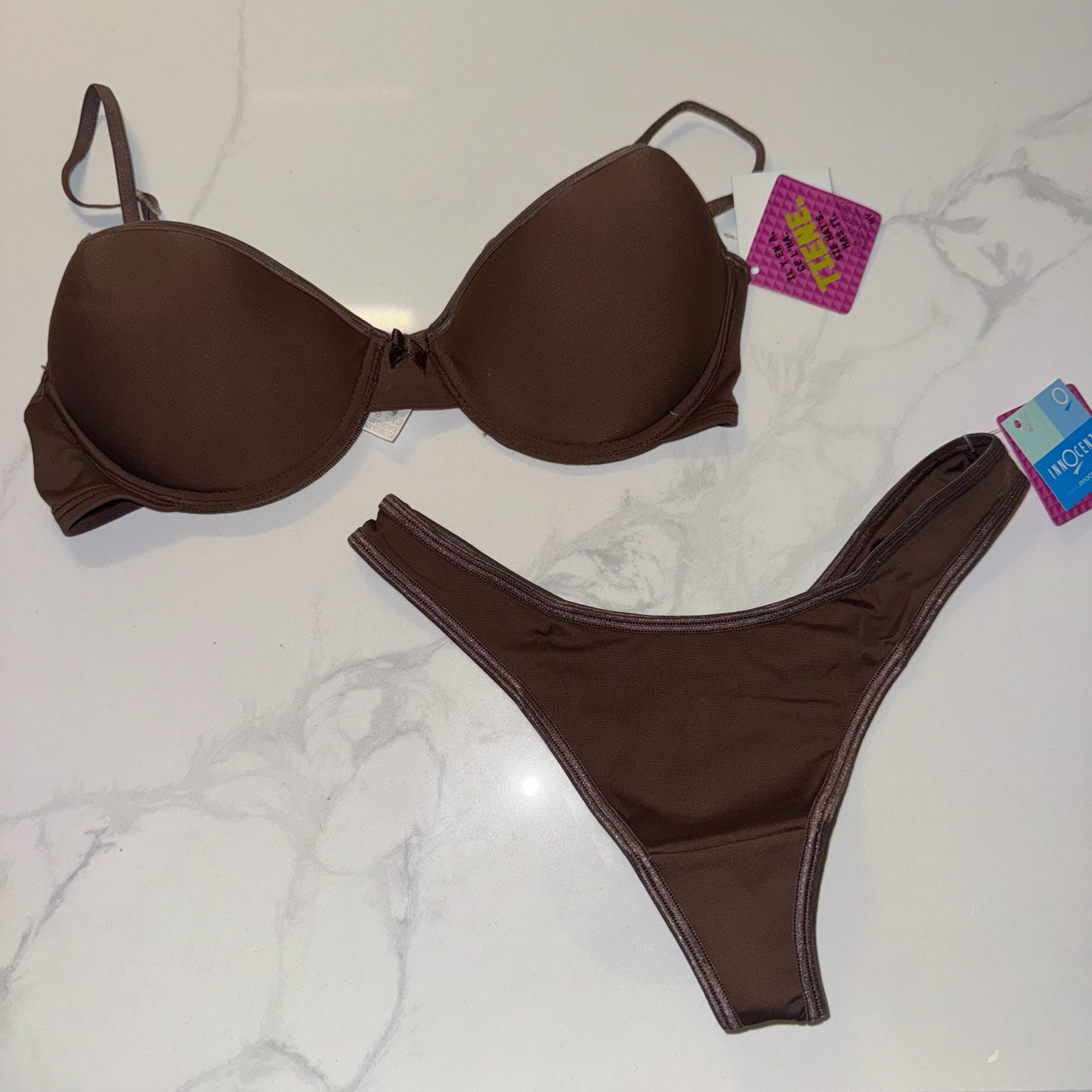 Innocent Lingerie Two-Piece Brown Bra and Thong Set 34B and Small NWT 1